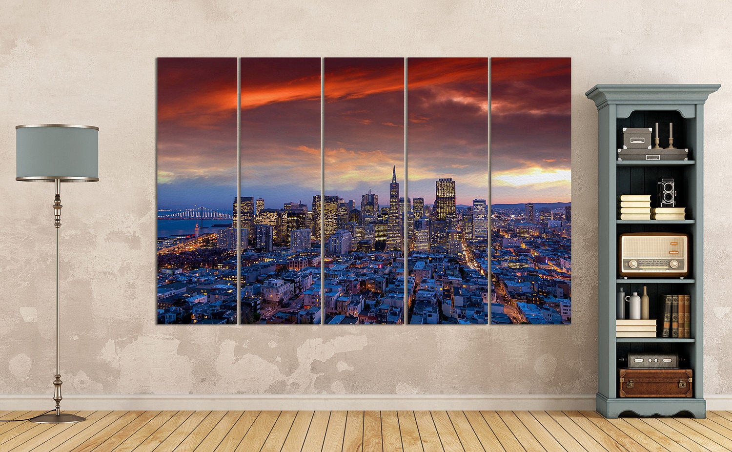 San Francisco Downtown View at Sunset Framed Canvas Leather Print