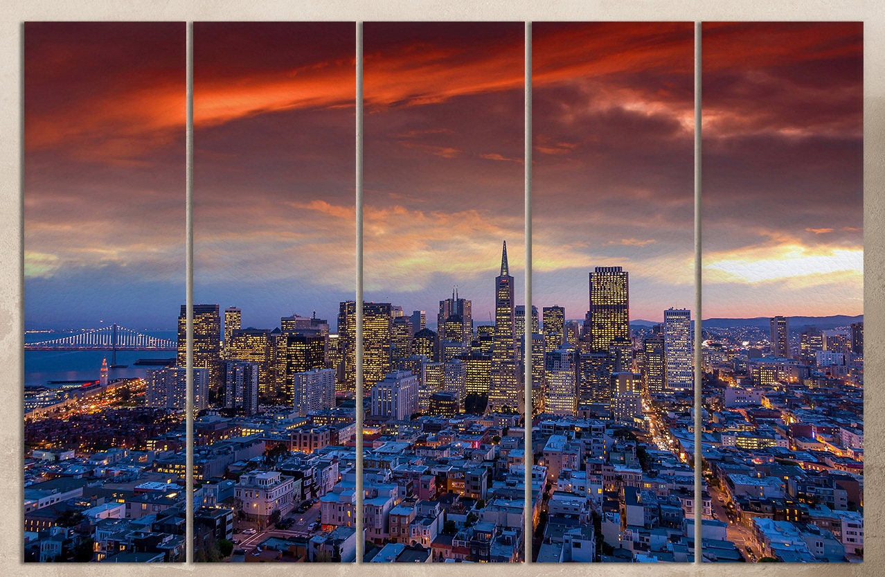 San Francisco Downtown View at Sunset Framed Canvas Leather Print