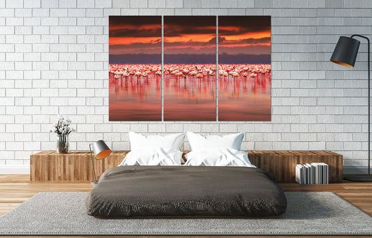 Flamingos at Sunset Framed Canvas Leather Print