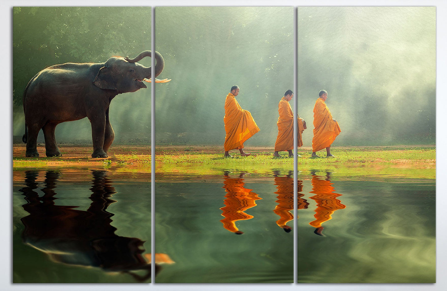 Elephant walking with buddhist monks canvas eco leather print home decor