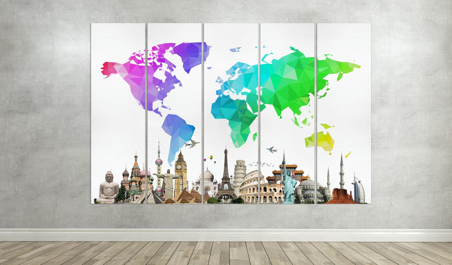 Large World Map With Monuments Framed Canvas Leather Print