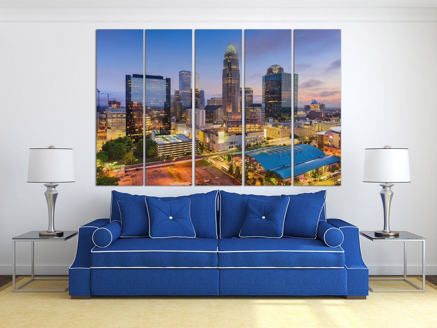 Charlotte, North Carolina, USA at Twilight Framed Canvas Leather Print