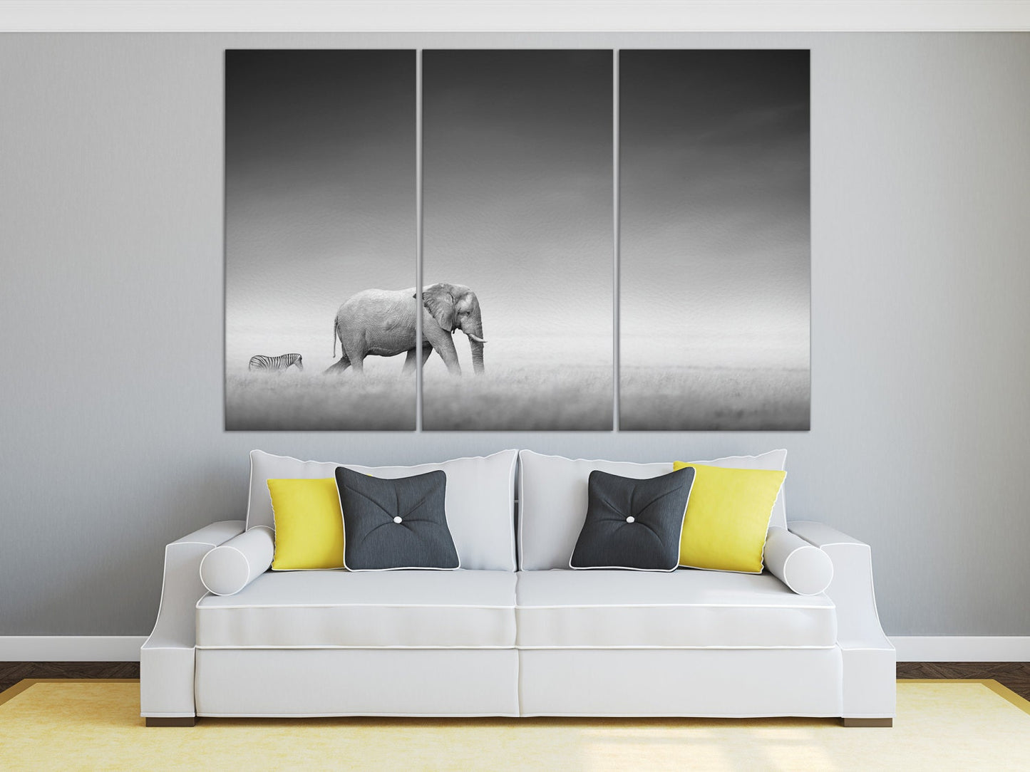 Elephant with zebra in Etosha Africa canvas wall art 3 panels