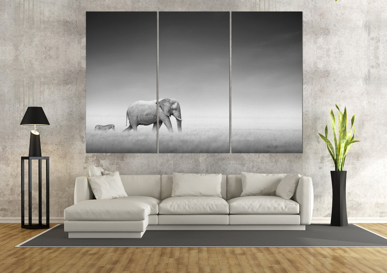 Elephant with zebra in Etosha Africa canvas wall decor 3 panels