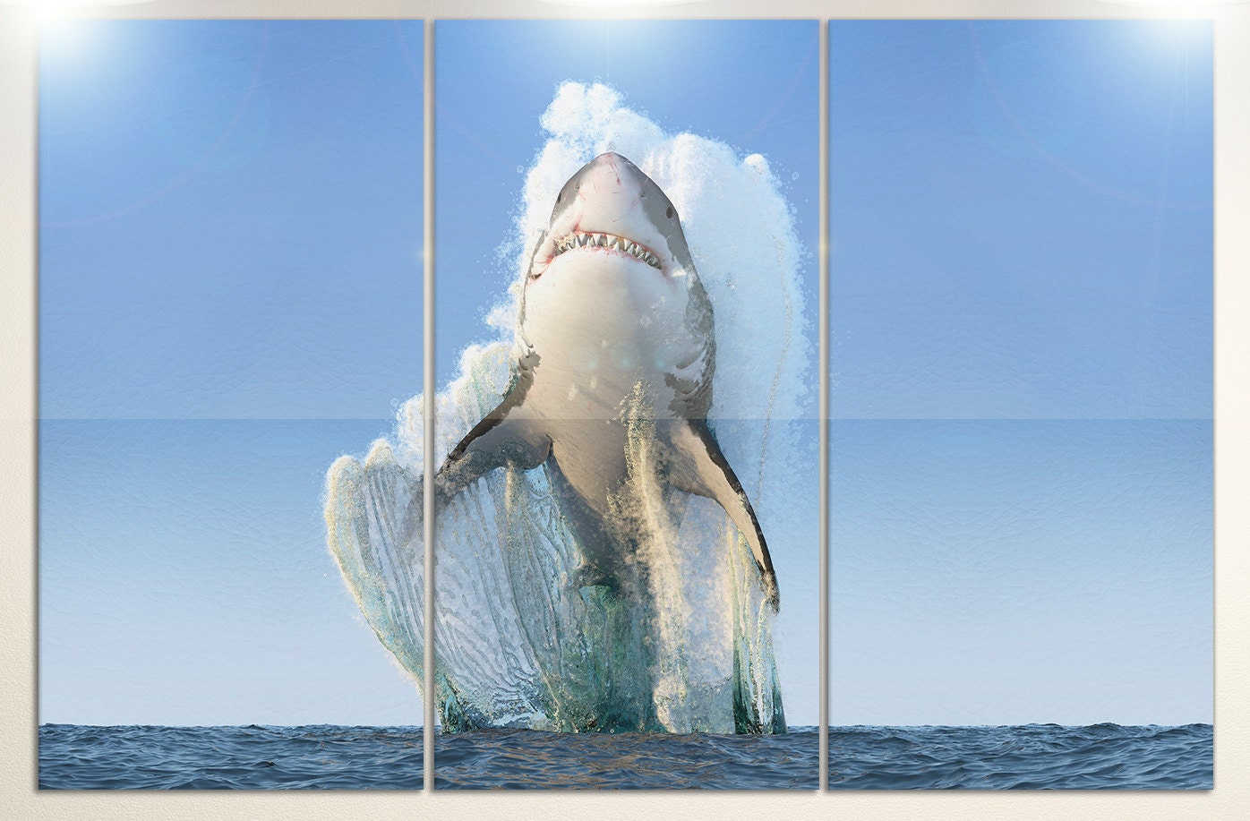 Shark jumping out of the water framed canvas leather print