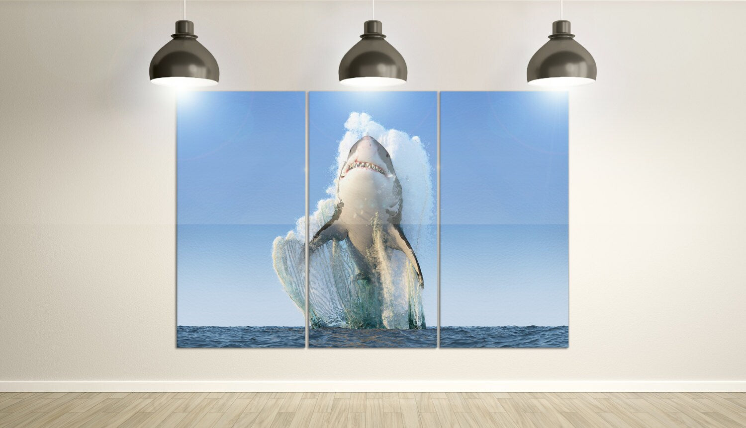 Shark jumping out of the water framed canvas leather print