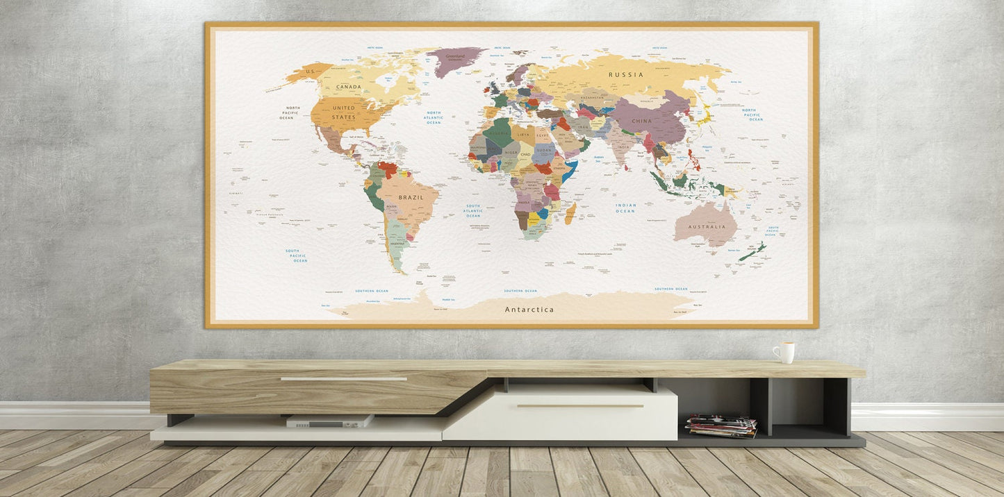 Push Pin Detailed World Map Vintage + Custom Quote Framed Canvas Leather Print