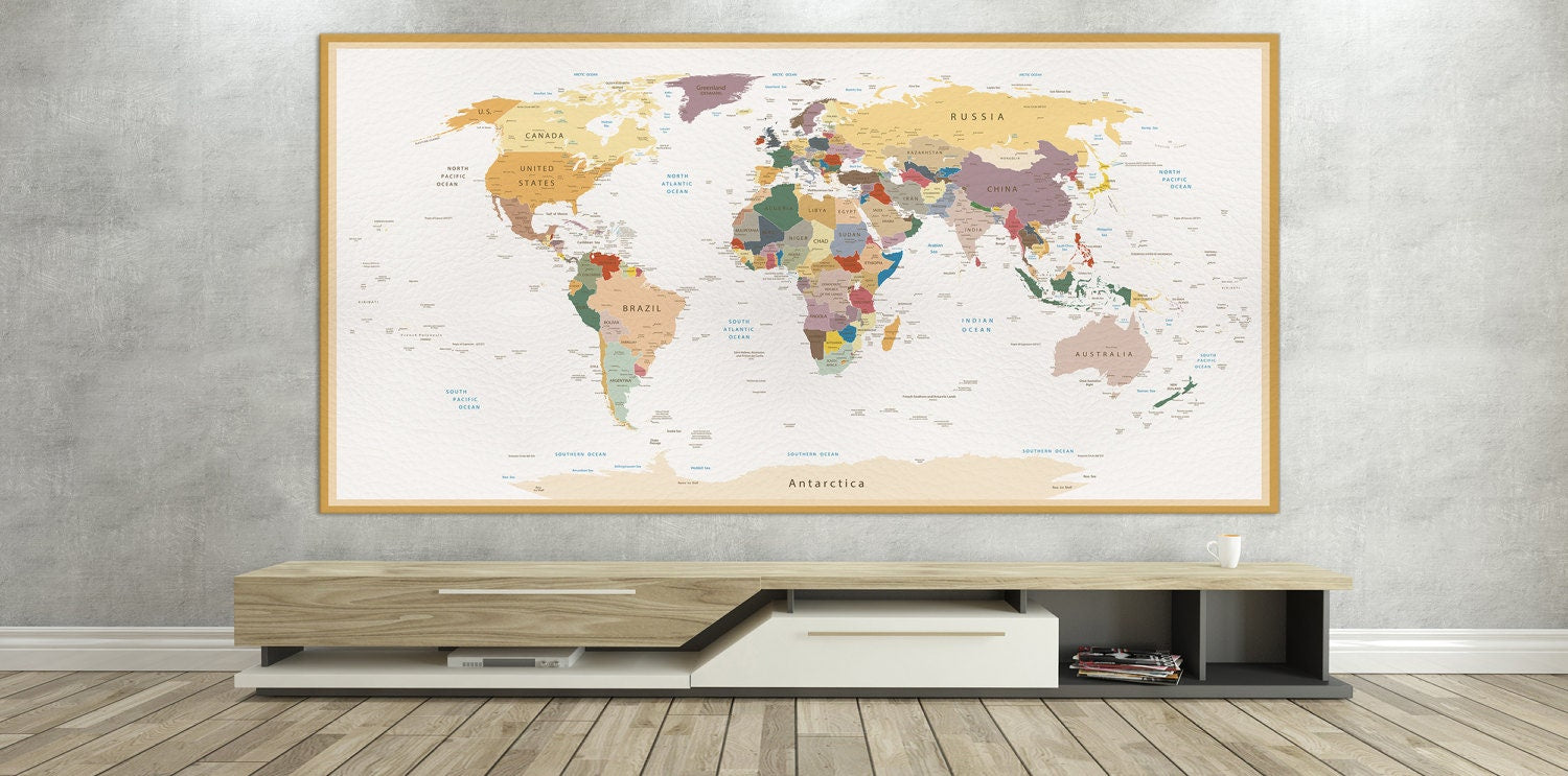 Push Pin Detailed World Map Vintage + Custom Quote Framed Canvas Leather Print