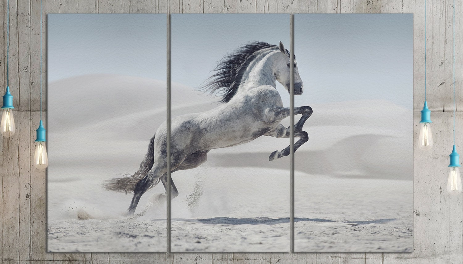 Wild white horse in dust framed canvas leather print