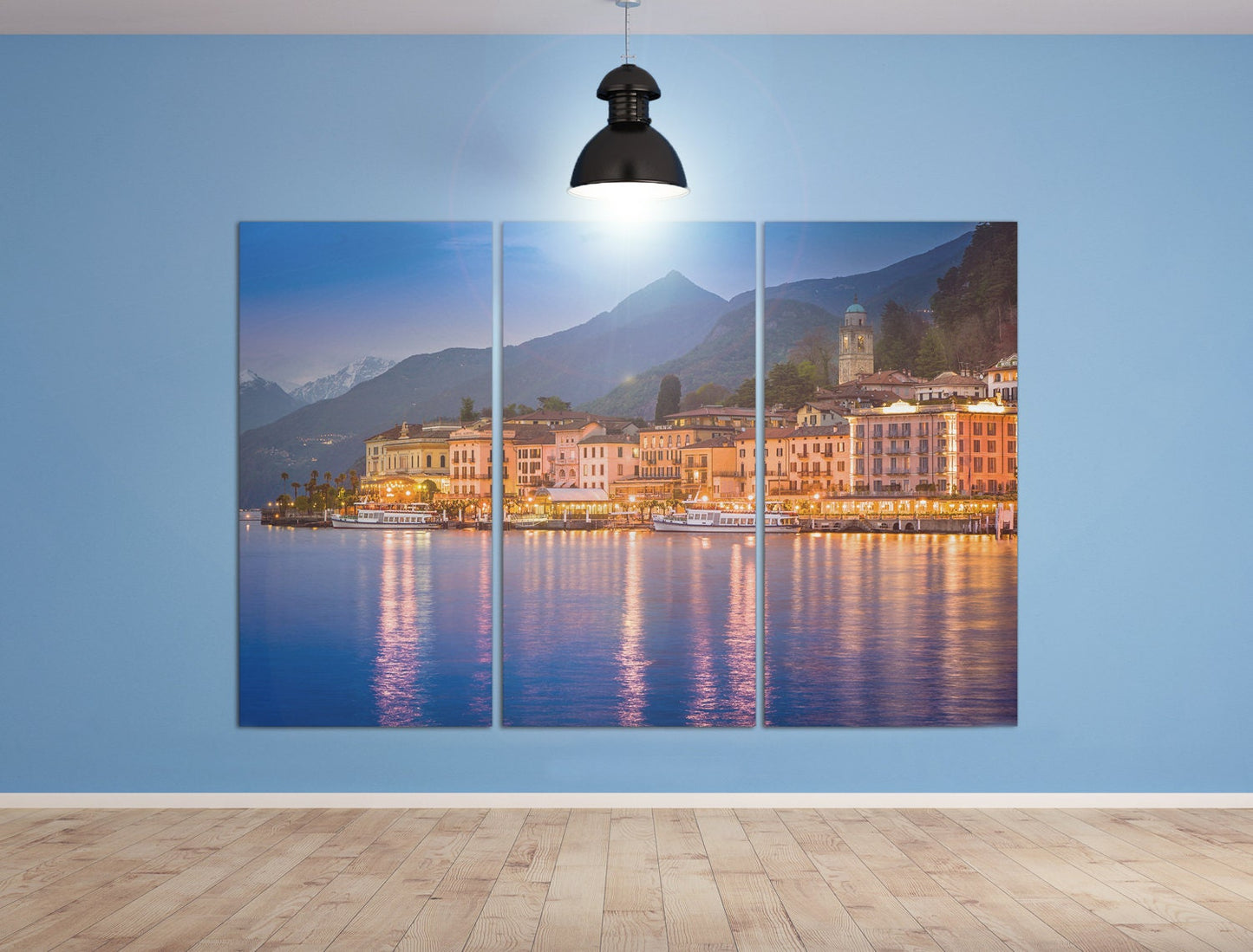 Bellagio Lake Como Wall Art Home Decor Canvas Eco Leather Print Triptych Lights