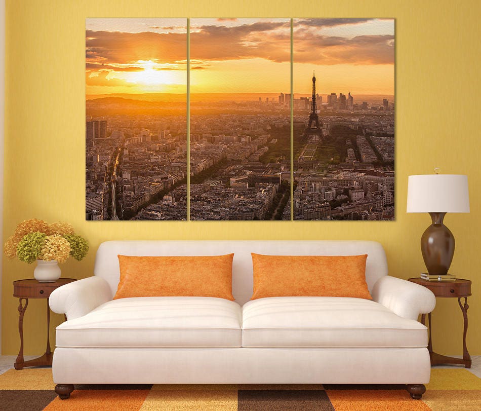 Paris, Eiffel Tower Aerial View at Sunset Canvas Eco Leather Print, Made in Italy!