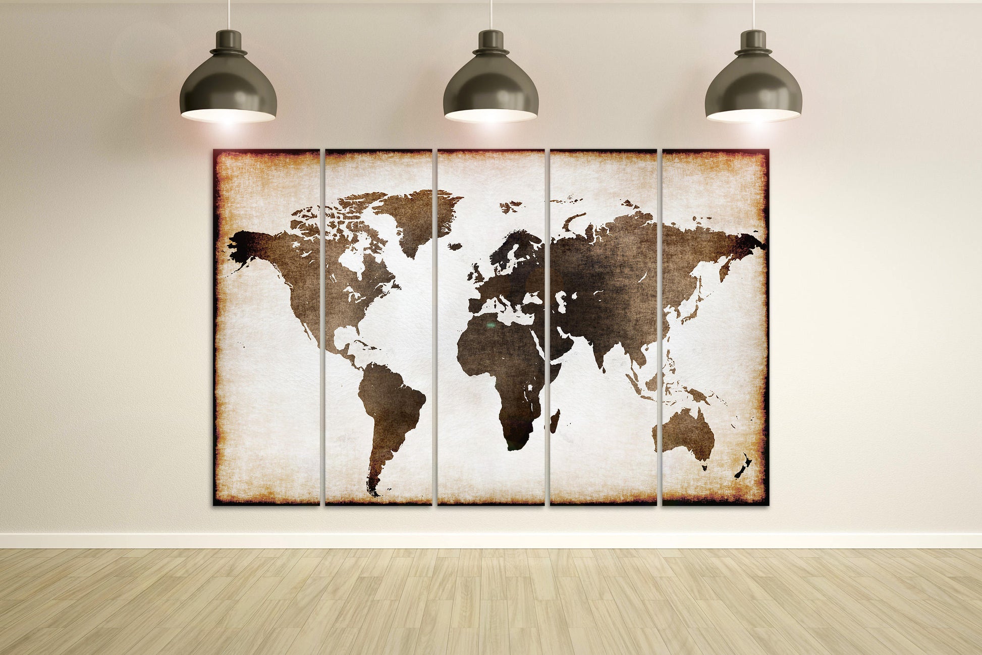Burnt Old World Map Illustration Framed Canvas Leather Print