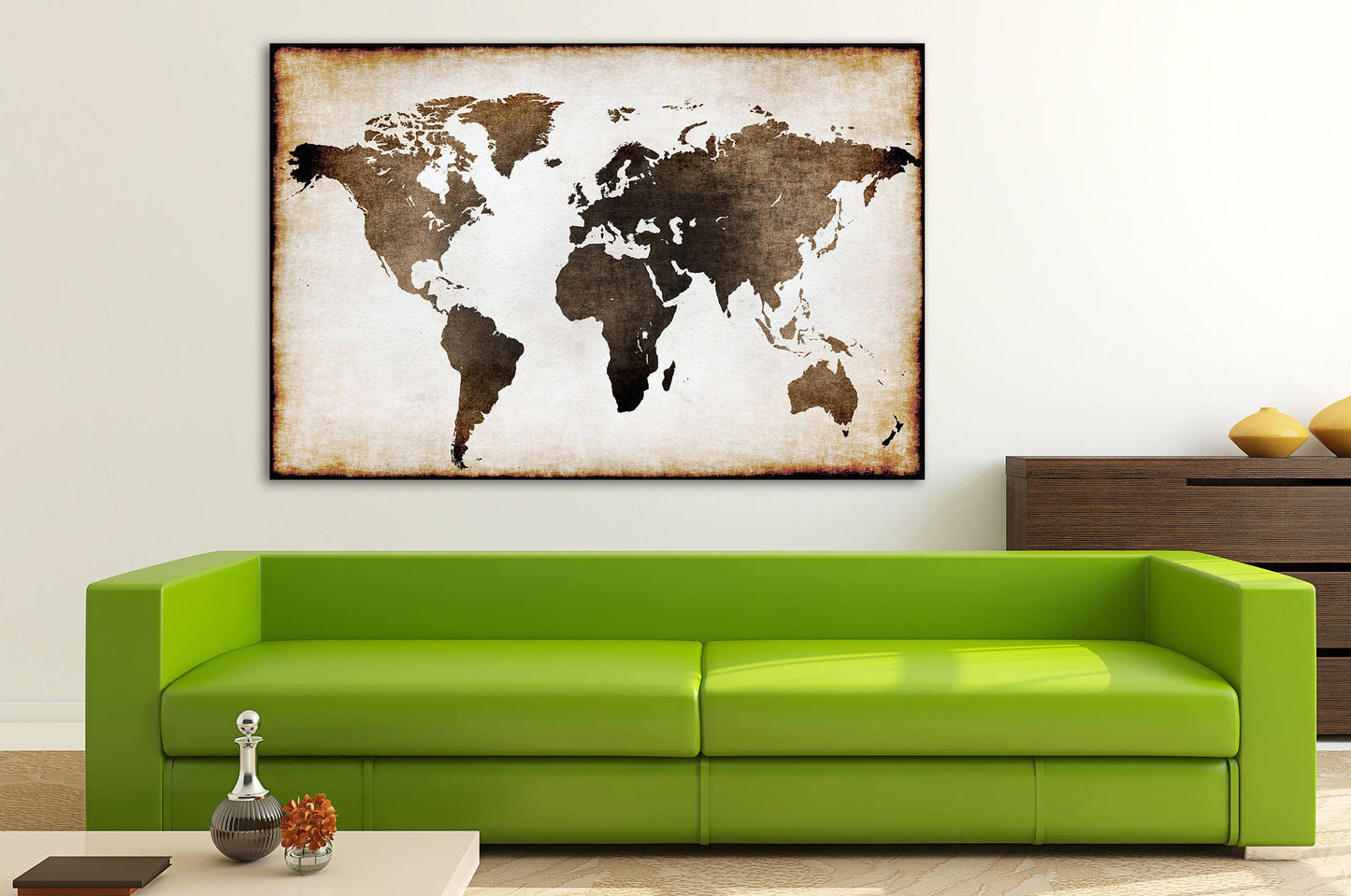Burnt Old World Map Illustration Framed Canvas Leather Print