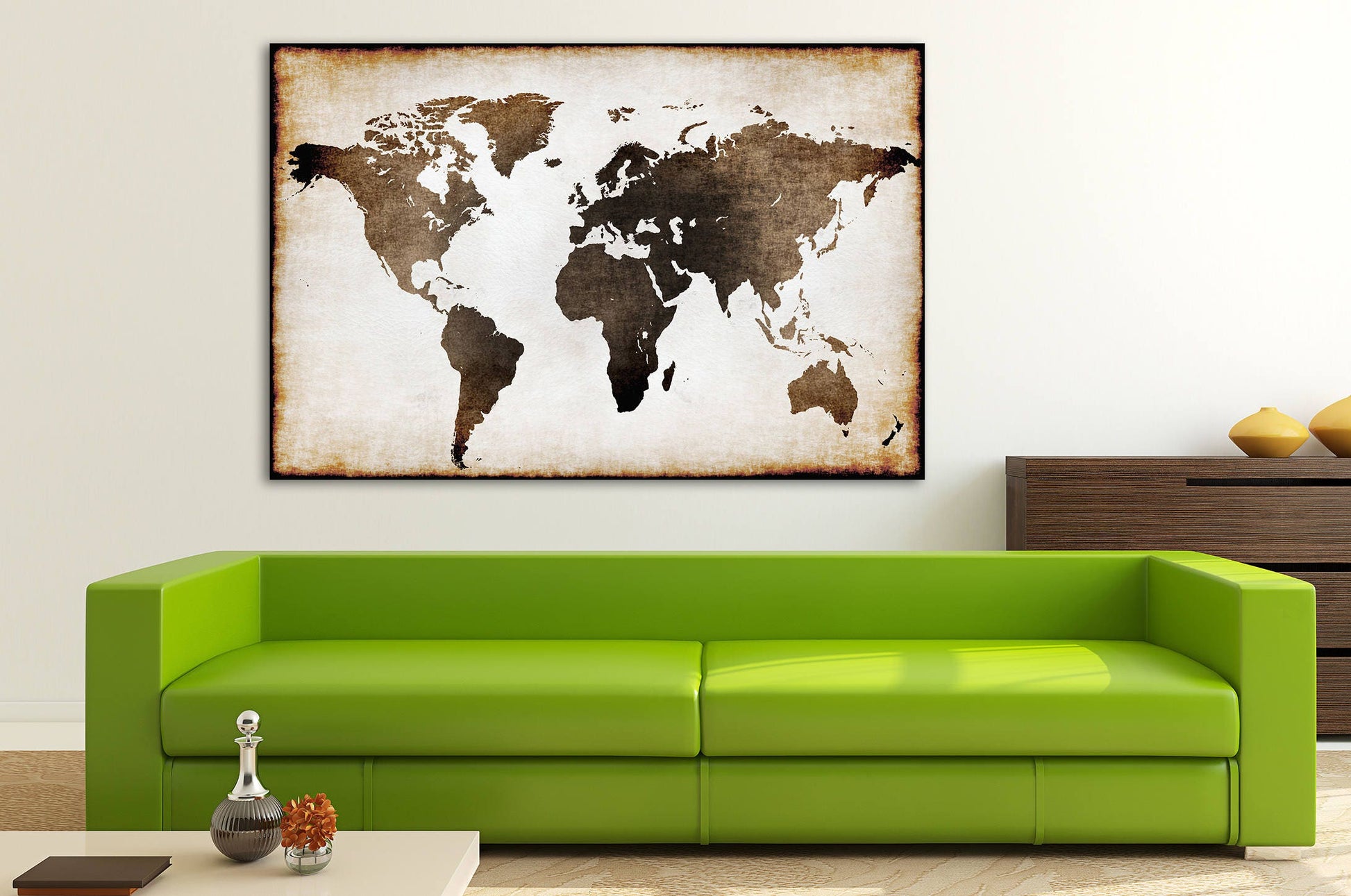 Burnt Old World Map Illustration Framed Canvas Leather Print