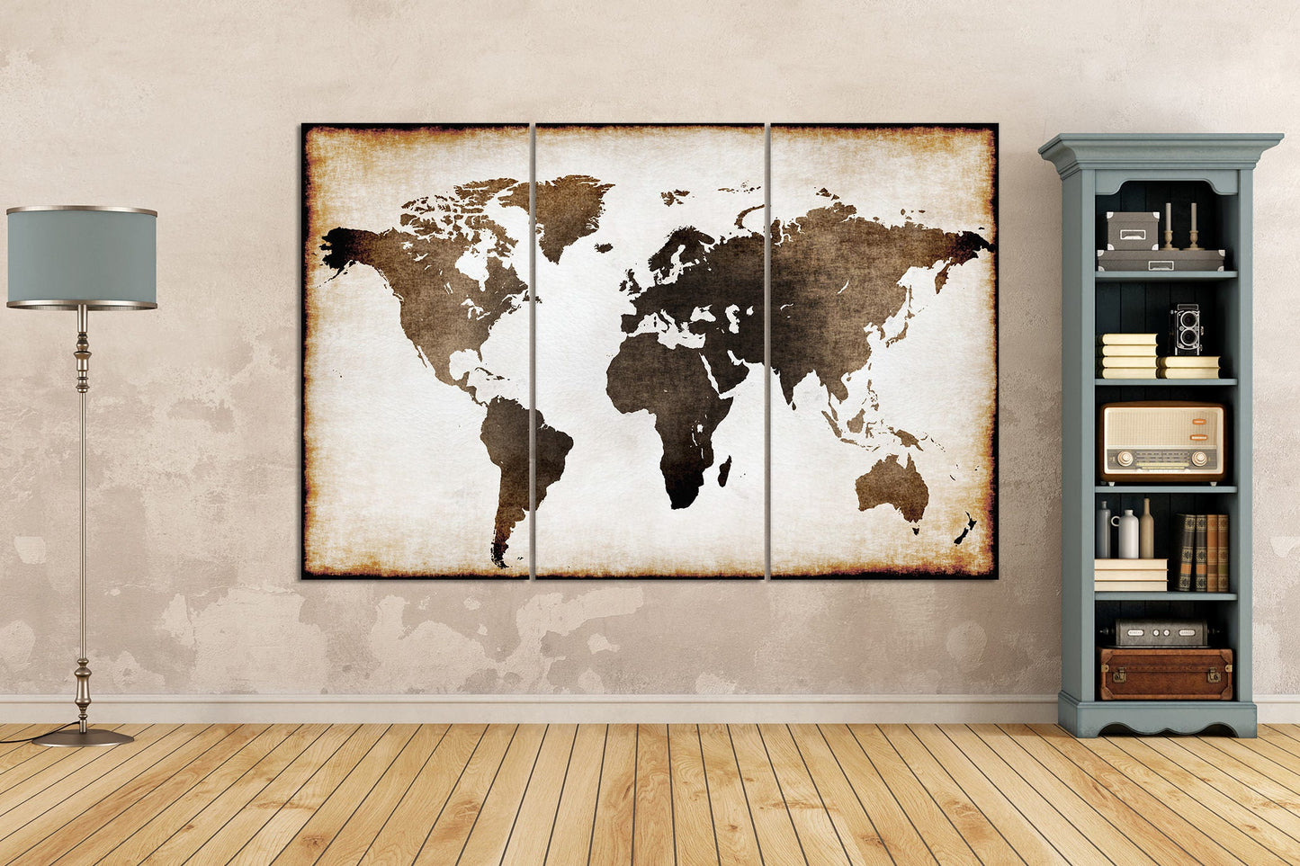 Burnt Old World Map Illustration Framed Canvas Leather Print