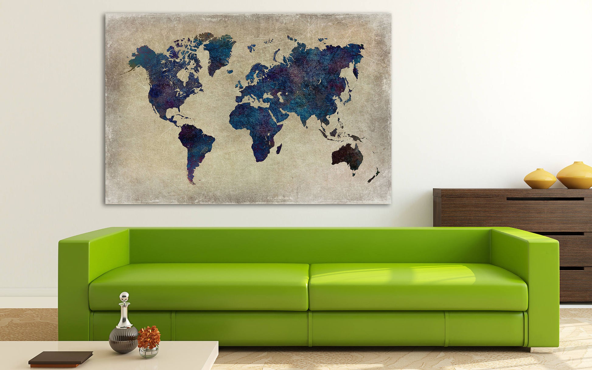 Blue World Map Grunge Background Framed Canvas Leather Print
