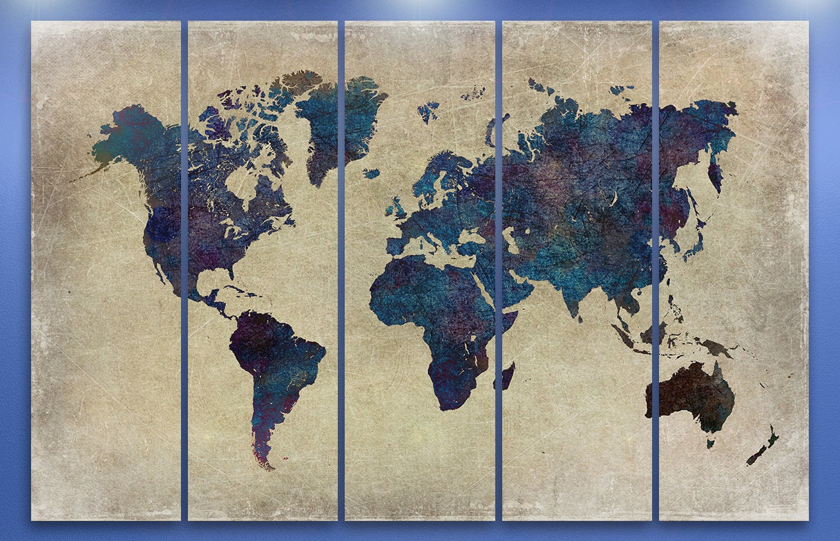 Blue World Map Grunge Background Framed Canvas Leather Print