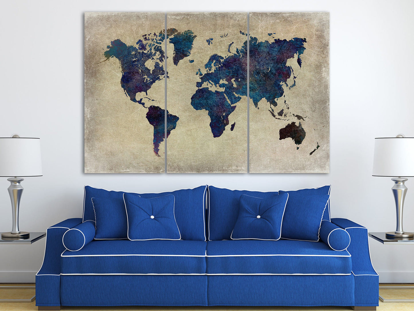 Blue World Map Grunge Background Framed Canvas Leather Print