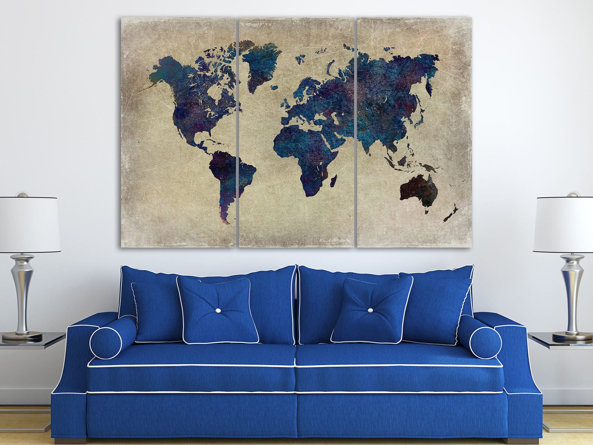 Blue World Map Grunge Background Framed Canvas Leather Print
