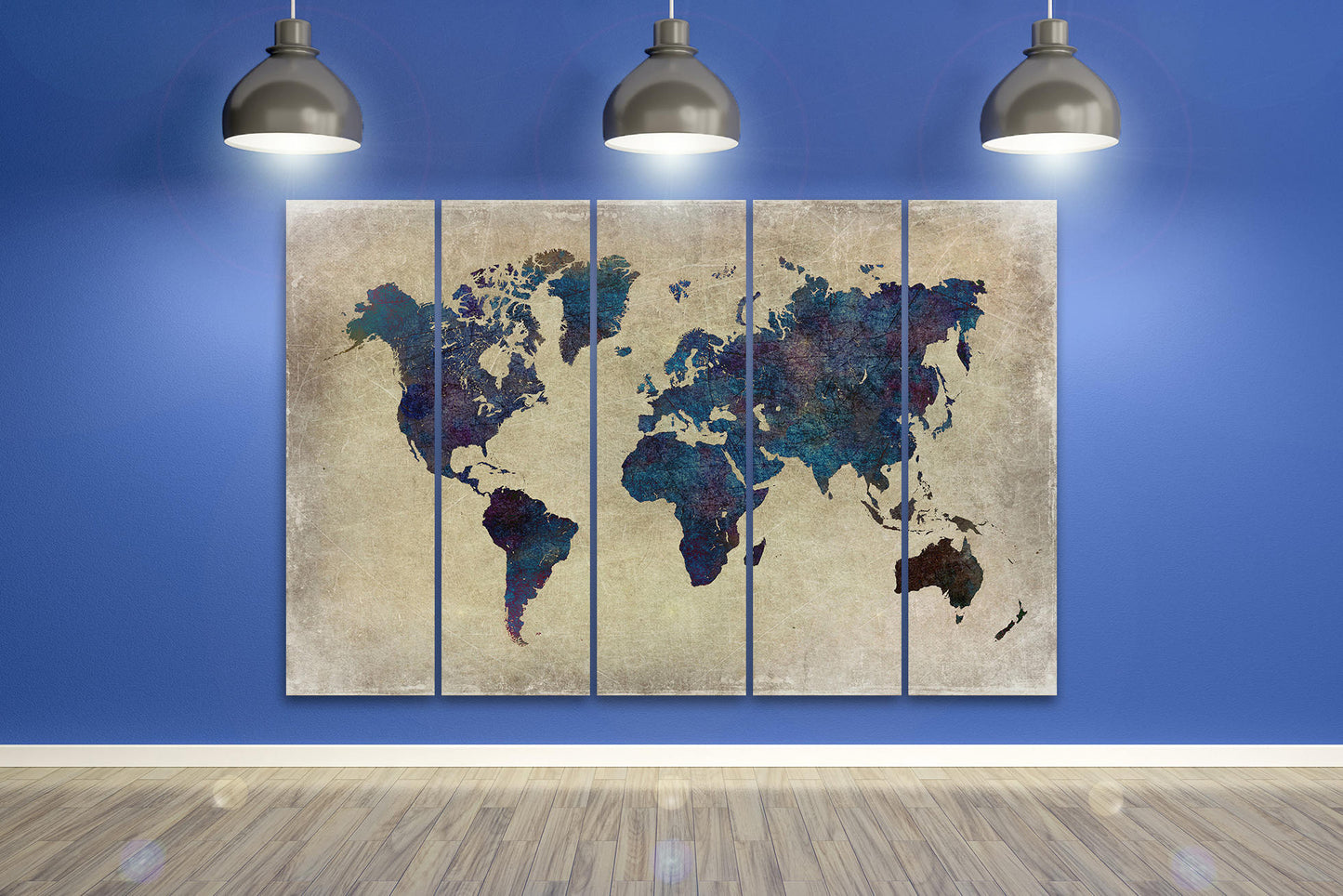 Blue World Map Grunge Background Framed Canvas Leather Print
