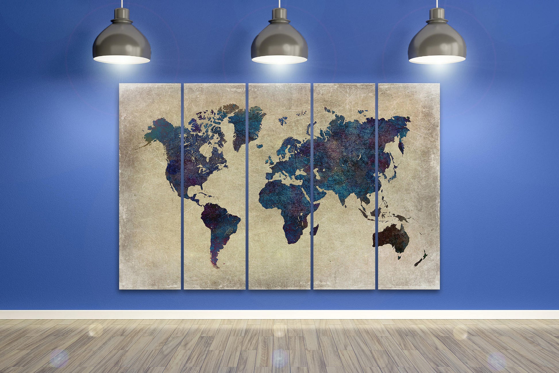 Blue World Map Grunge Background Framed Canvas Leather Print