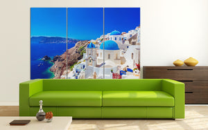 3 Panel Oia town on Santorini island, Greece Framed Canvas Leather Print