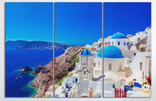 Laden Sie das Bild in den Galerie-Viewer, 3 Panel Oia town on Santorini island, Greece Framed Canvas Leather Print