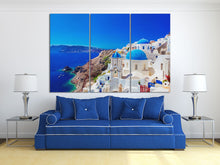 Load image into Gallery viewer, 3 Panel Oia town on Santorini island, Greece Framed Canvas Leather Print