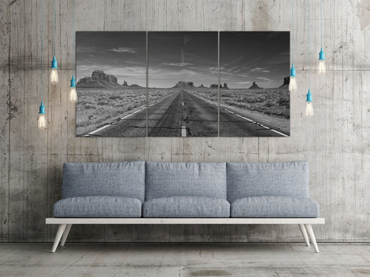 Monument Valley Road B&W Framed Canvas Leather Print