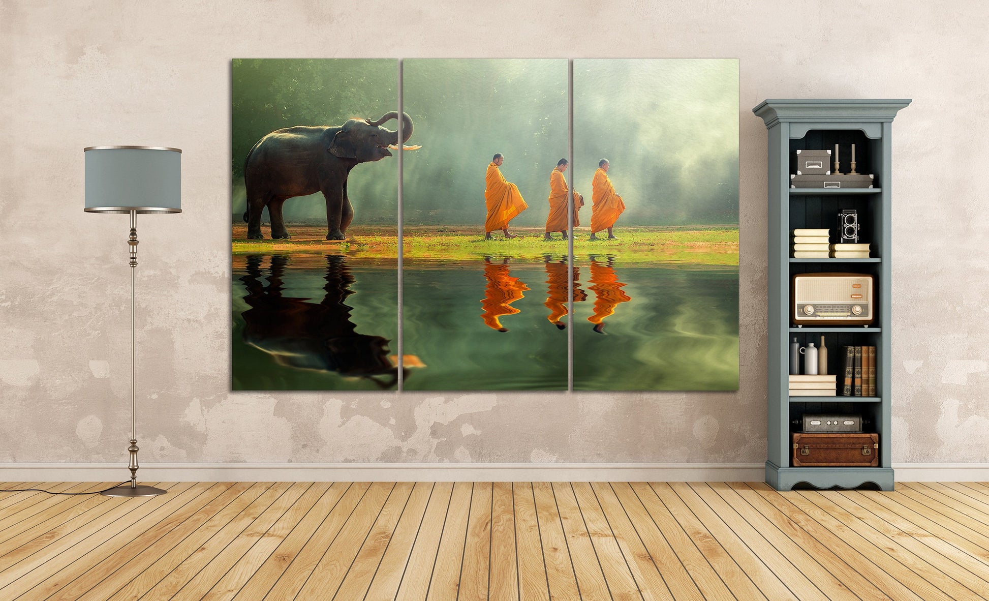 Elephant walking with buddhist monks canvas eco leather print 3 panel wall decor