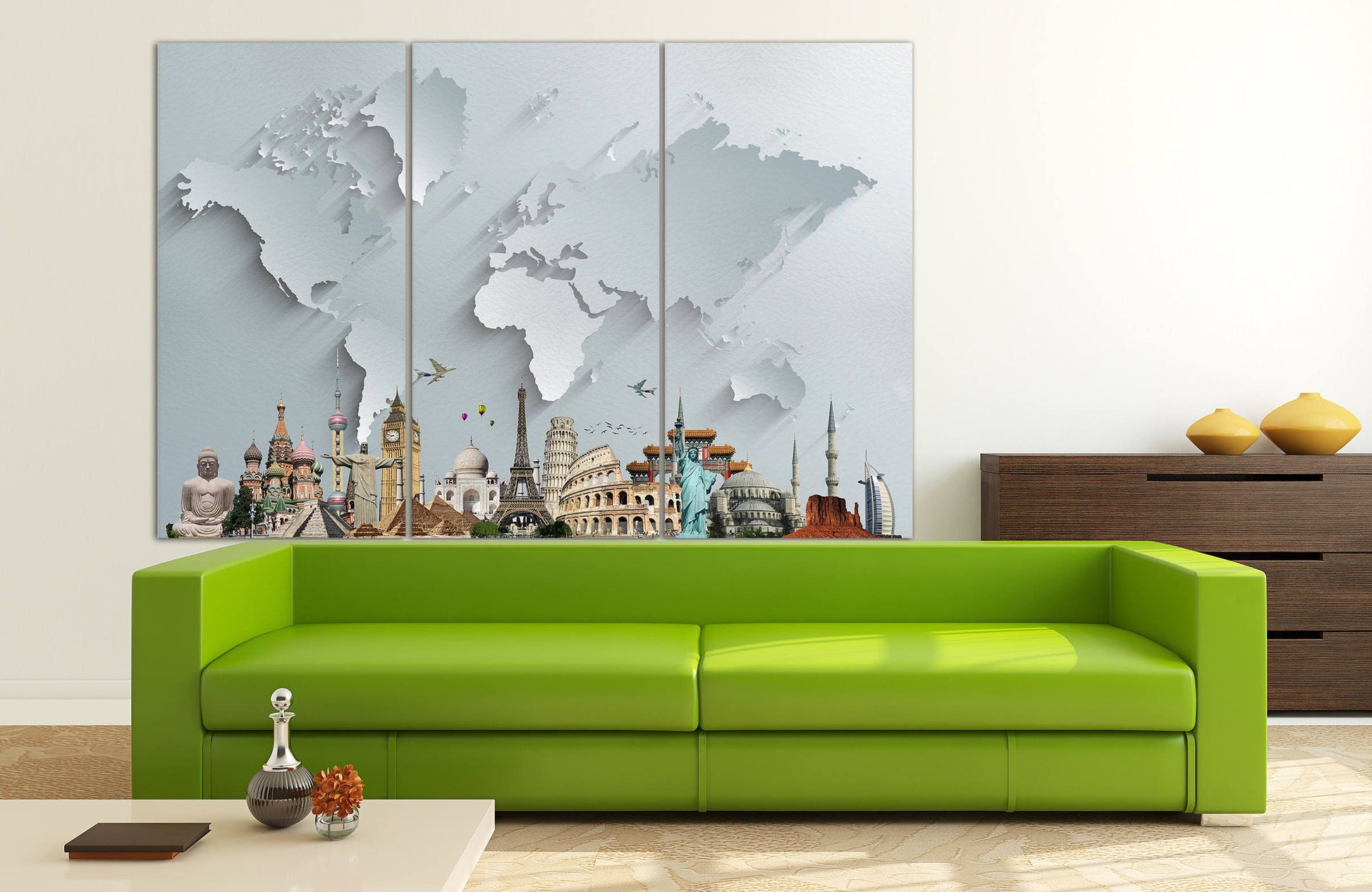 Silver World Map With Monuments Framed Canvas Leather Print