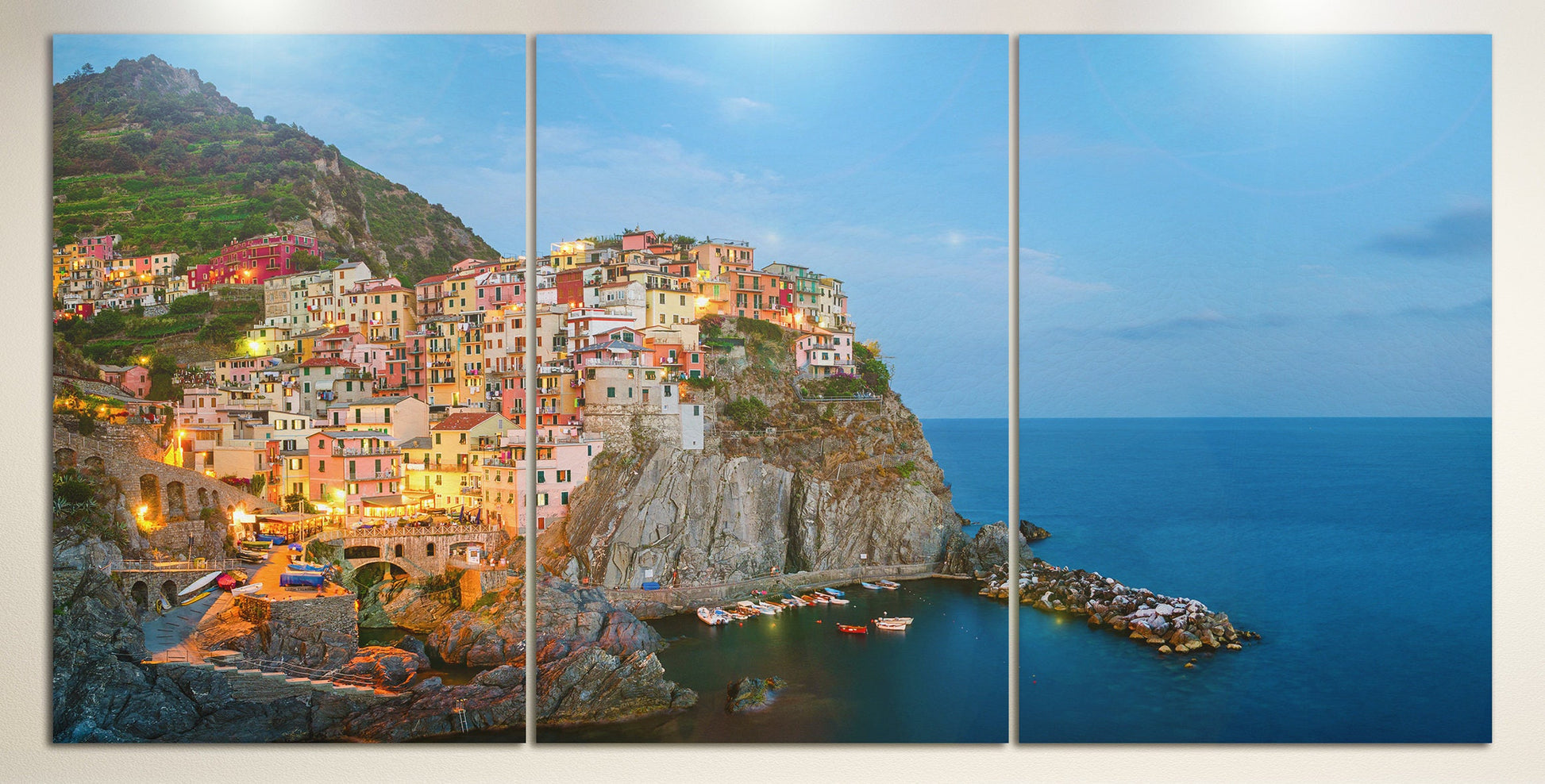 Manarola, Cinque Terre, Liguria at Twilight Framed Canvas Leather Print