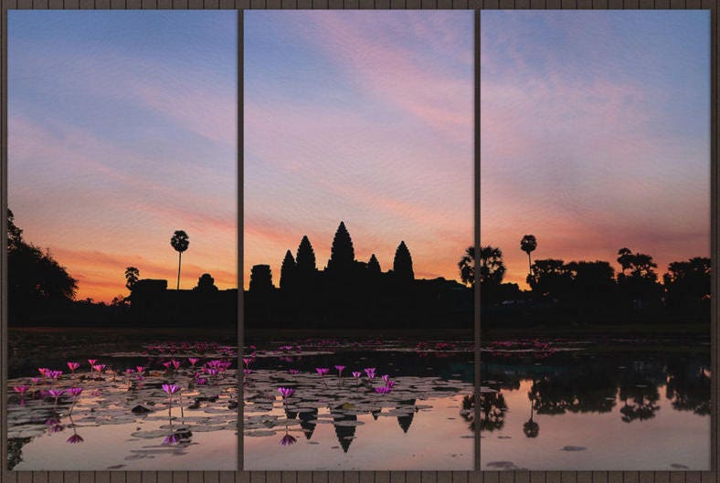 Angkor Wat Cambodia Silhouette Framed Canvas Leather Print