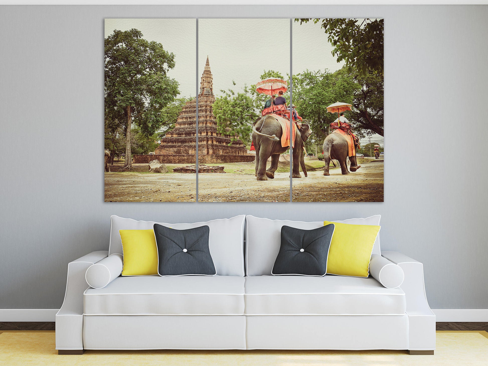 Ayutthaya, Thailand Walking with Elephants Canvas Eco Leather Print, Made in Italy!