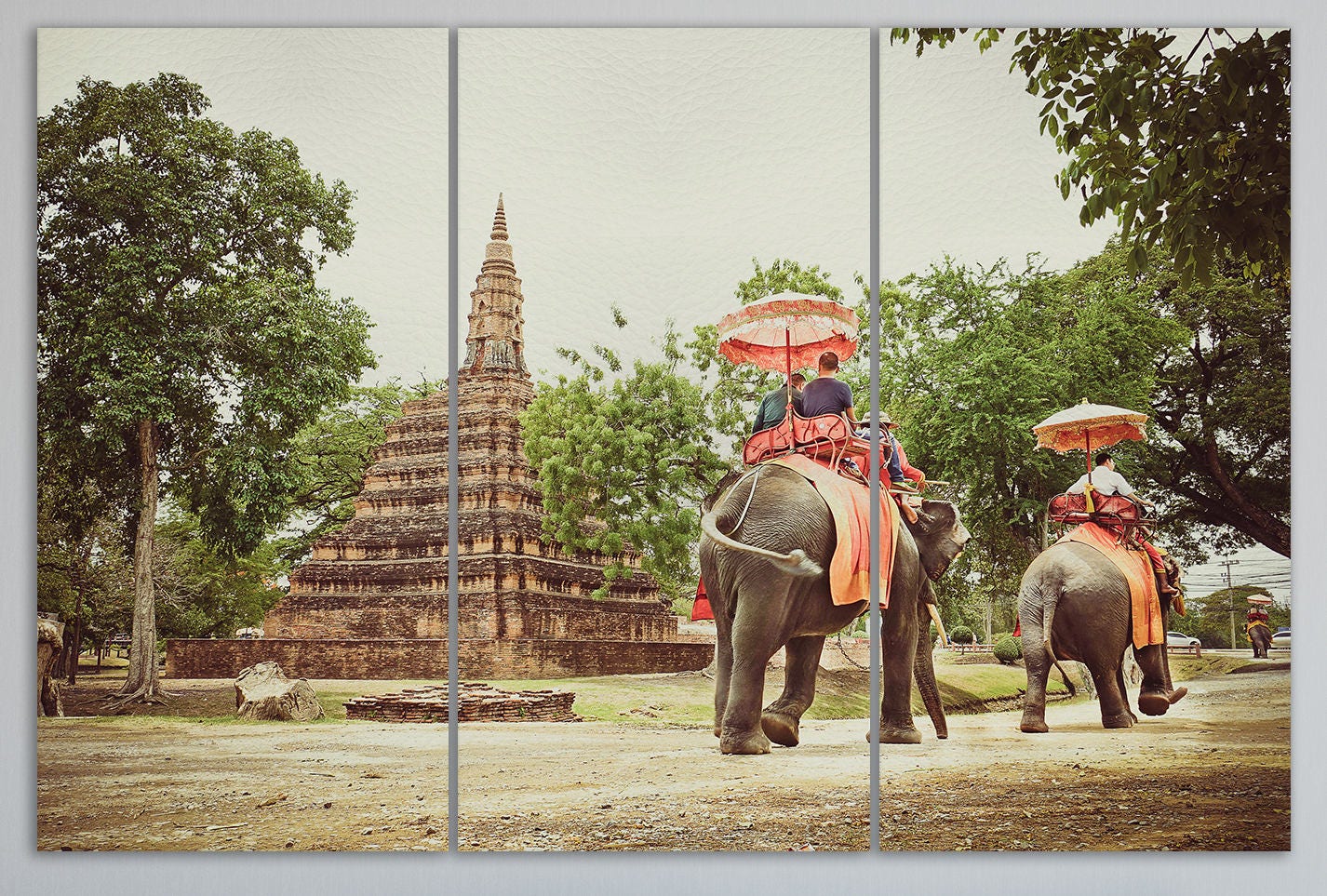Ayutthaya, Thailand Walking with Elephants Canvas Eco Leather Print, Made in Italy!