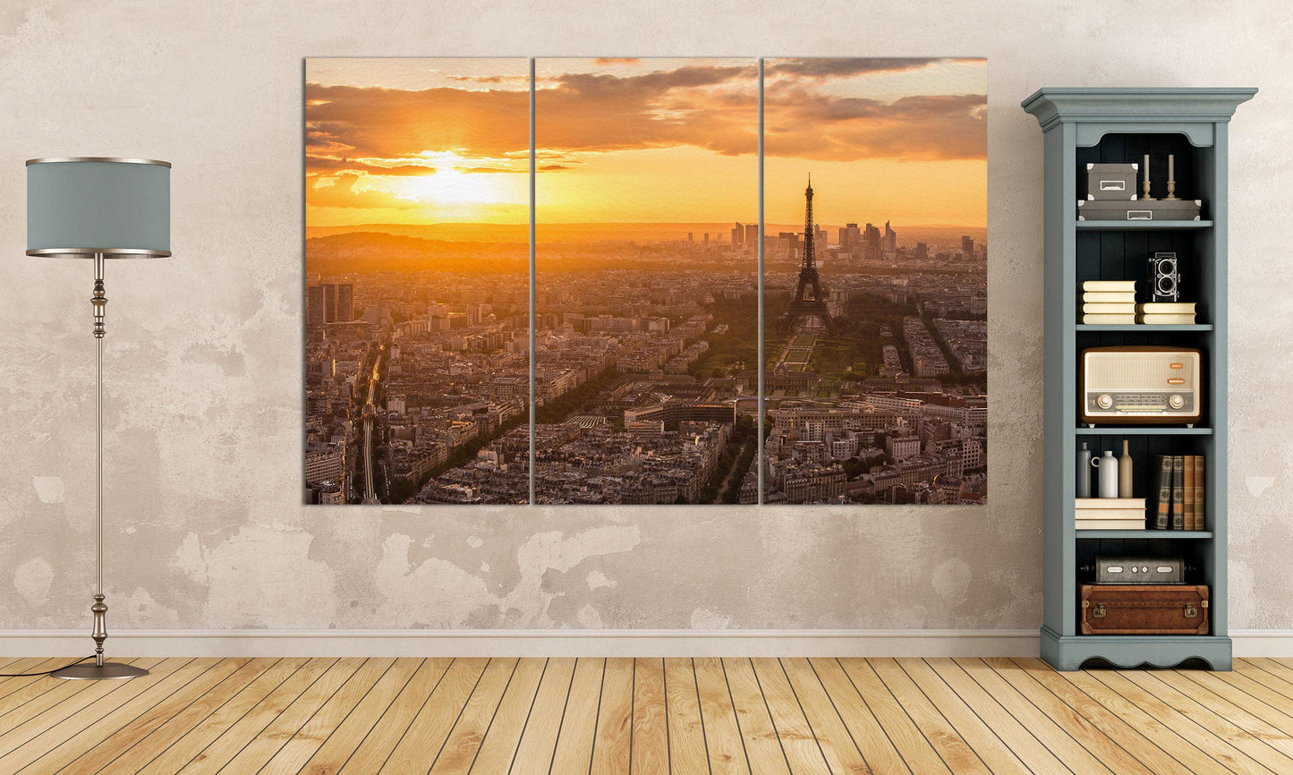 Paris, Eiffel Tower Aerial View at Sunset Canvas Eco Leather Print, Made in Italy!