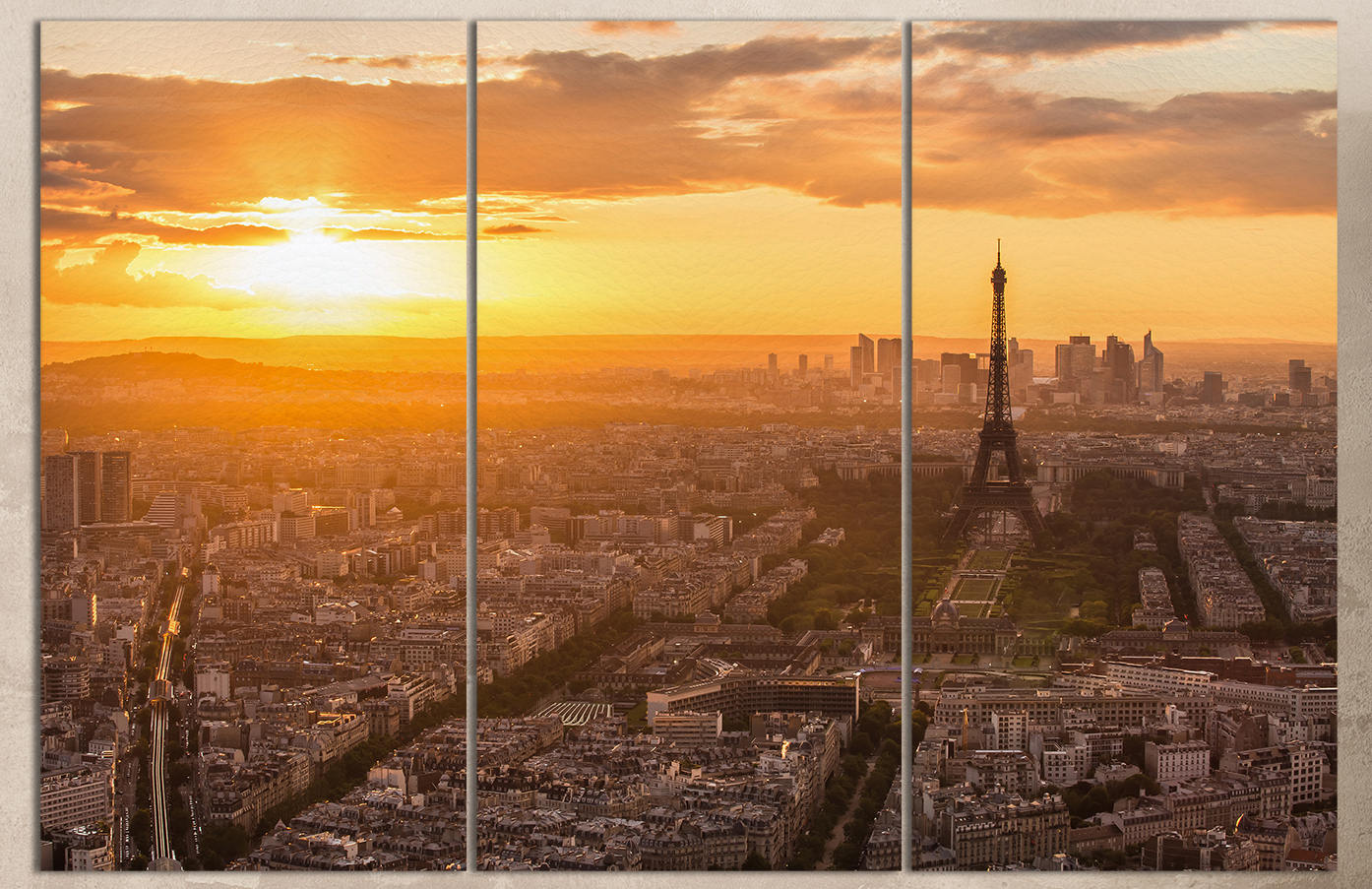 Paris, Eiffel Tower Aerial View at Sunset Canvas Eco Leather Print, Made in Italy!