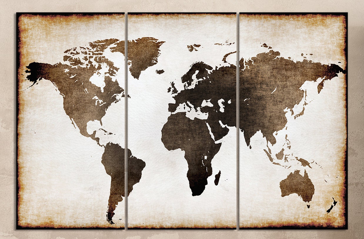 Burnt Old World Map Illustration Framed Canvas Leather Print