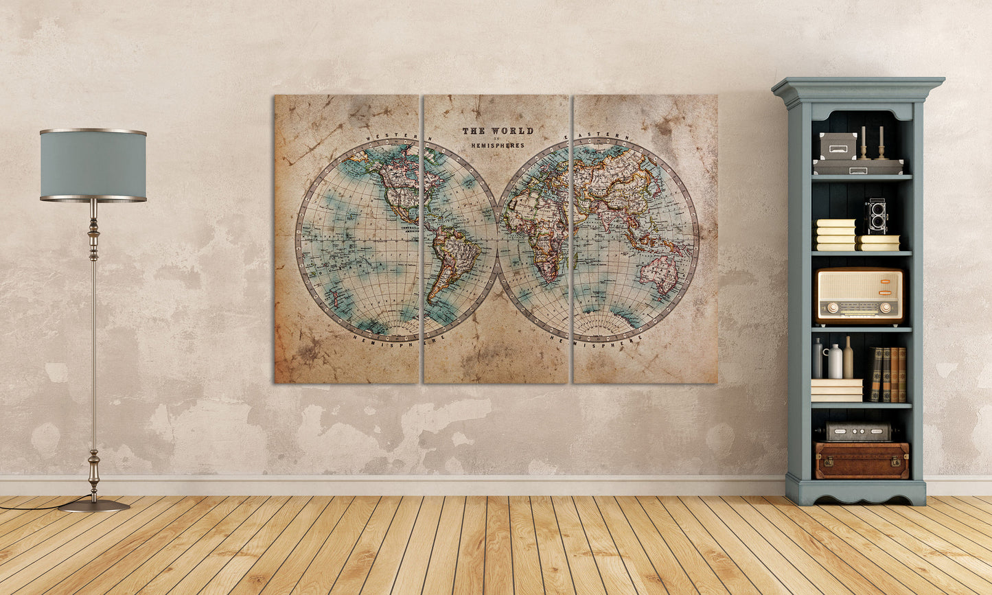 Large World Map World in Hemispheres Canvas Eco Leather Print
