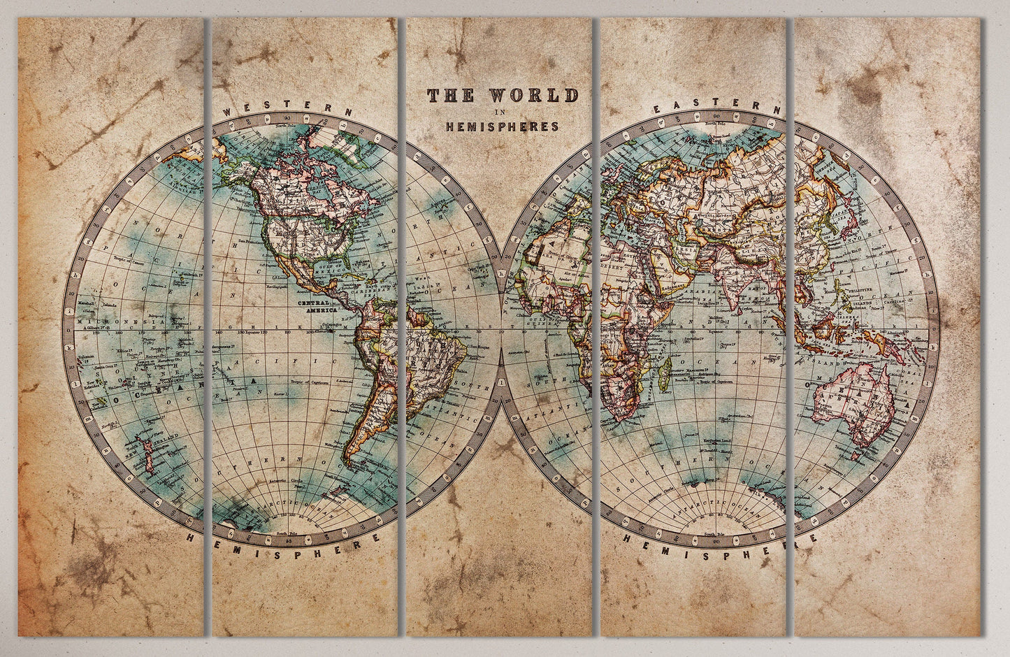 Large World Map World in Hemispheres Canvas Eco Leather Print