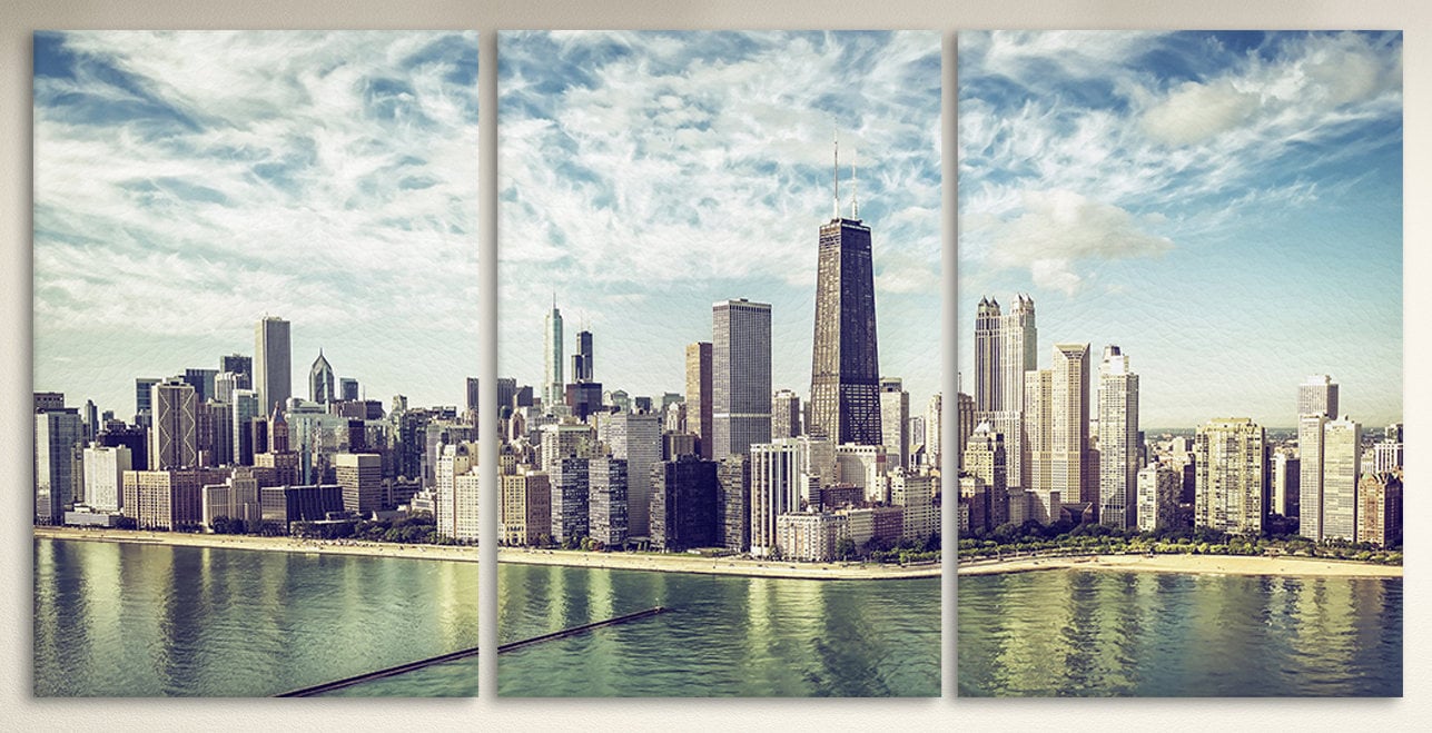 Chicago Skyline Aerial View by The Beach Framed Canvas Eco Leather Print, Made in Italy!