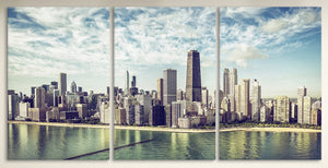 Chicago Skyline aerial view by the beach framed canvas leather print