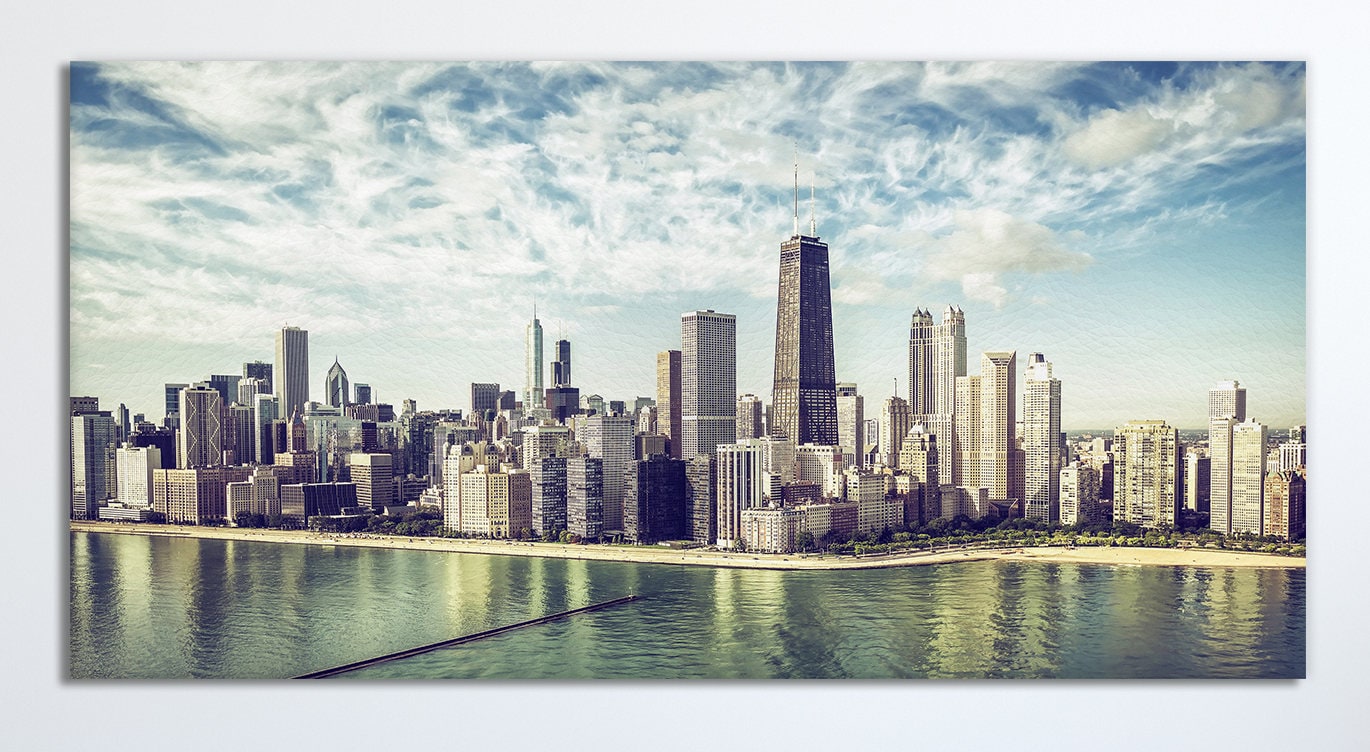 Chicago Skyline Aerial View by The Beach Framed Canvas Eco Leather Print, Made in Italy!
