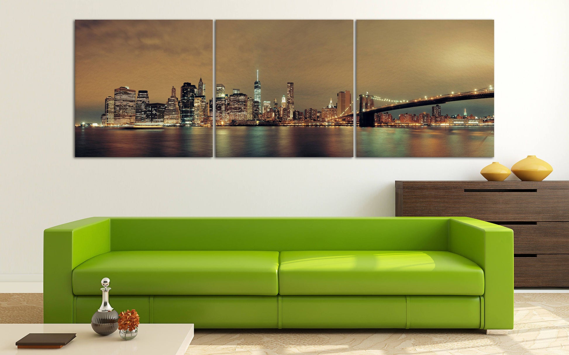 Manhattan with Brooklyn Bridge at night canvas wall art leather print
