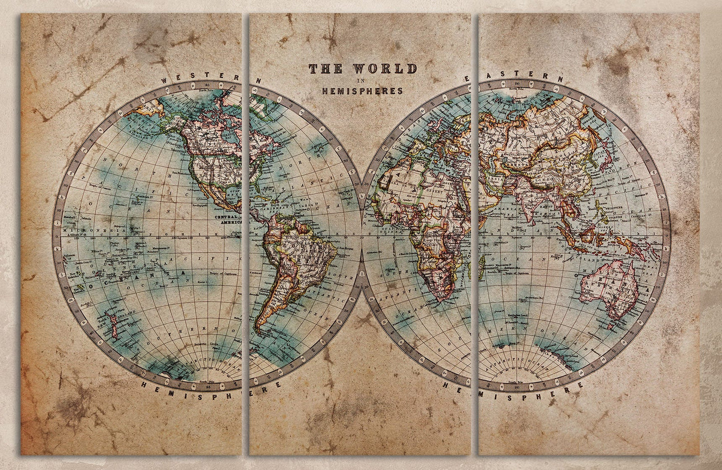 Large World Map World in Hemispheres Canvas Eco Leather Print