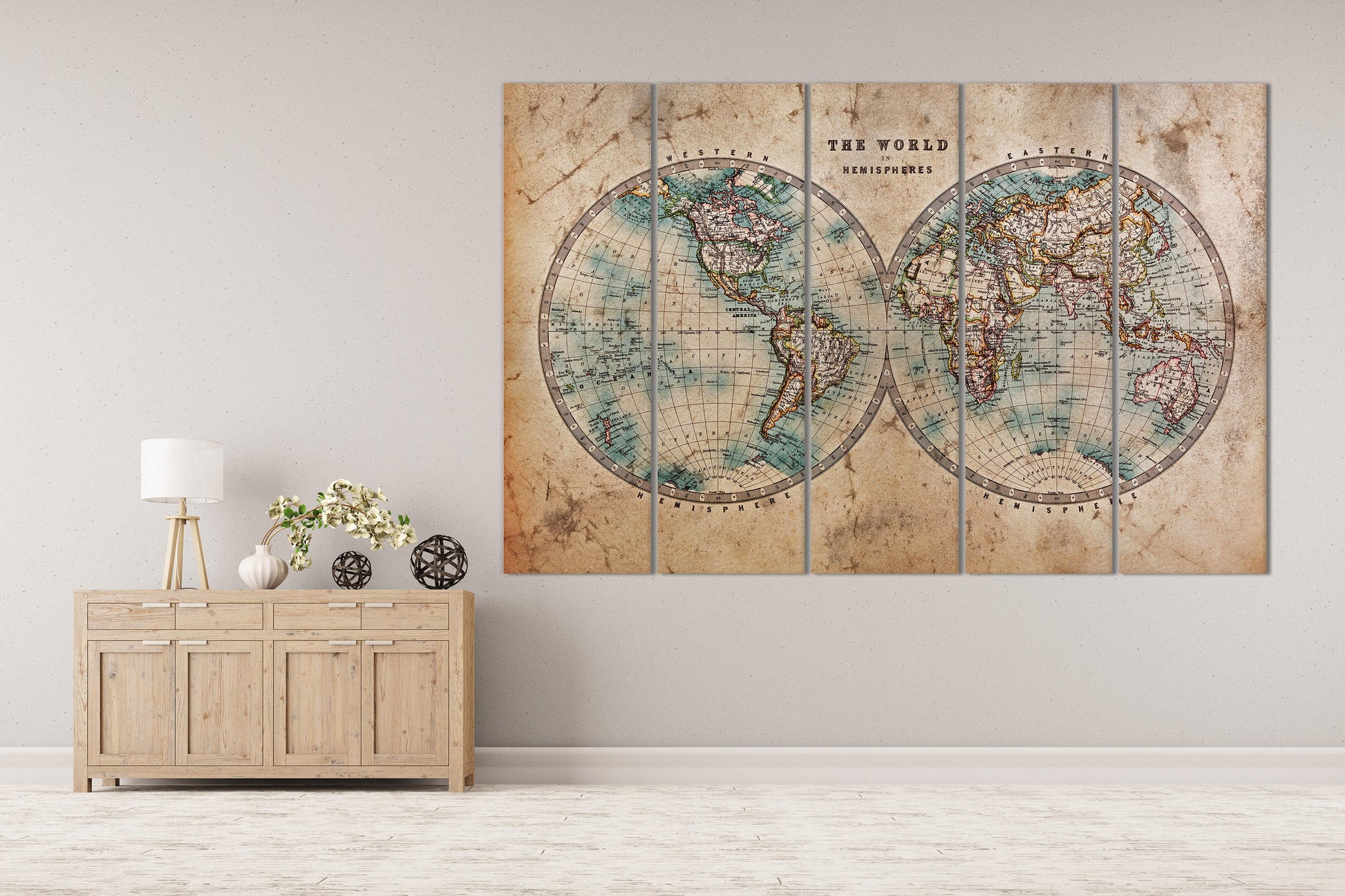 Large World Map World in Hemispheres Canvas Eco Leather Print