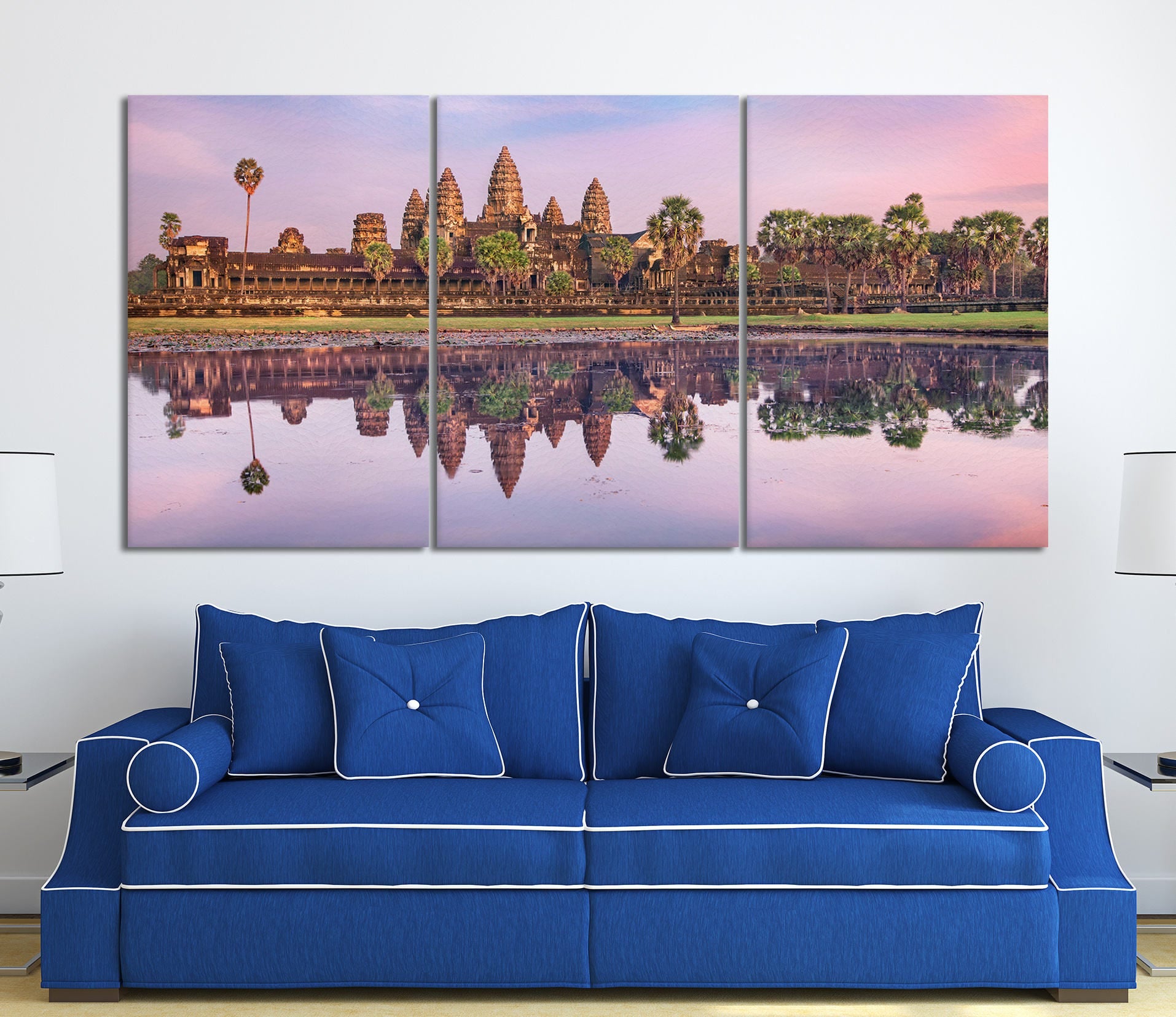 Angkor Wat Temple at Sunrise Framed Canvas Leather Print