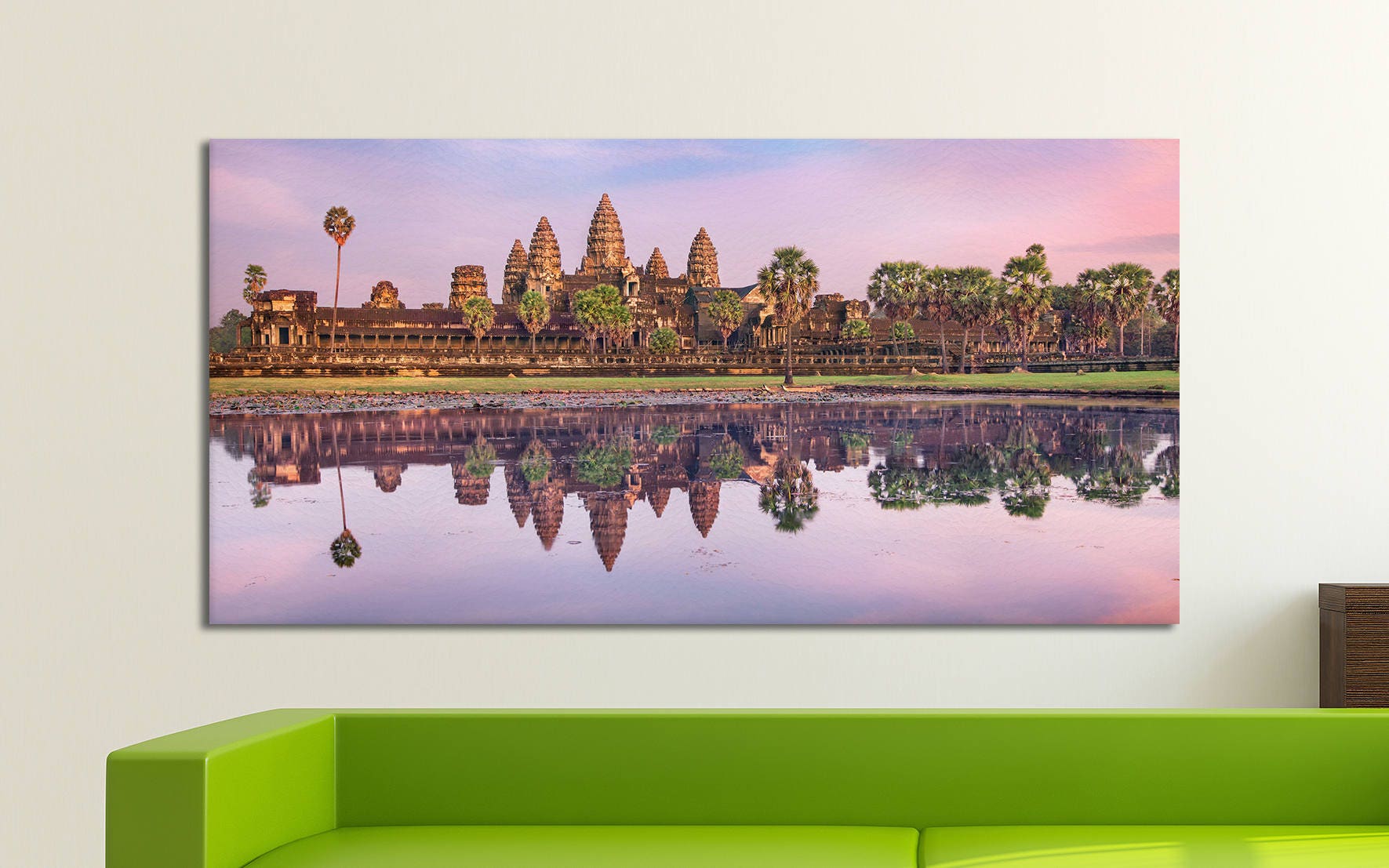 Angkor Wat Temple at Sunrise Framed Canvas Leather Print