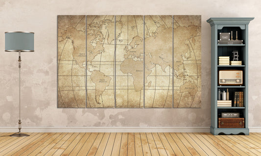 Vintage World Map with Continents Canvas Wall Art Eco Leather Print