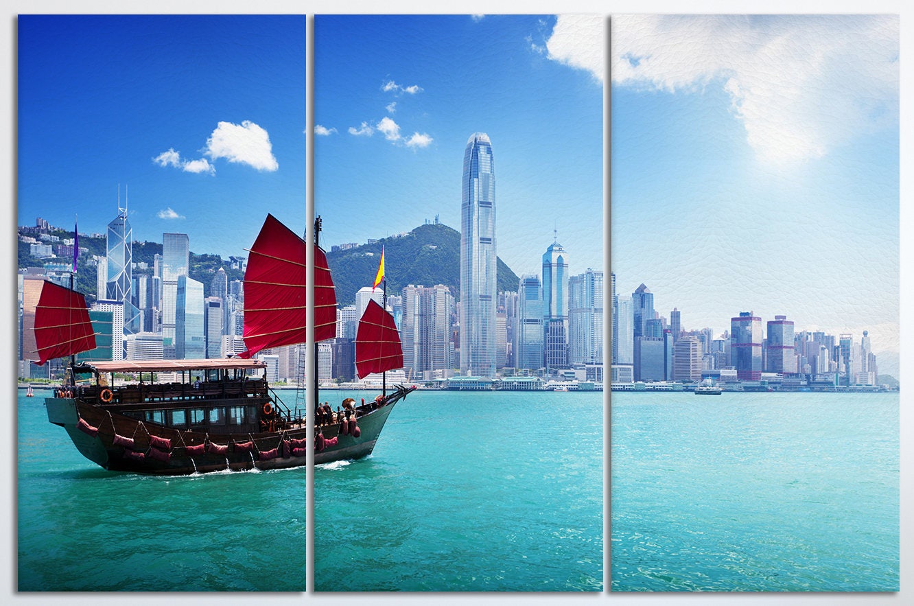 Hong Kong Harbour and Junk Boat Framed Canvas Leather Print